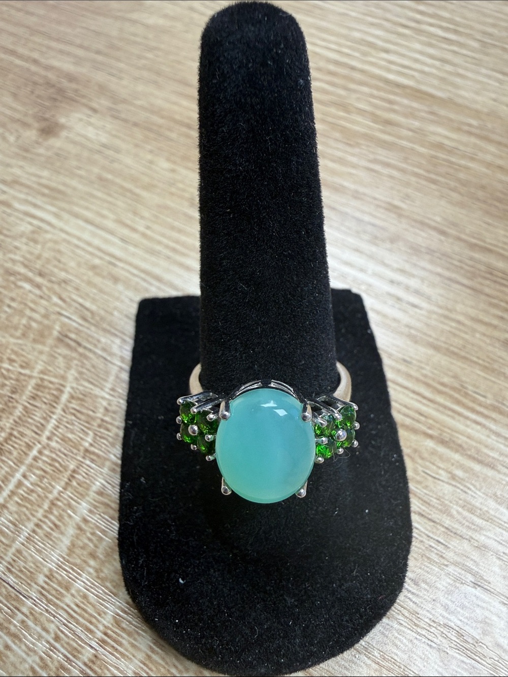 Sterling Silver Green Opal Cabochon Ring with Peridot Accents